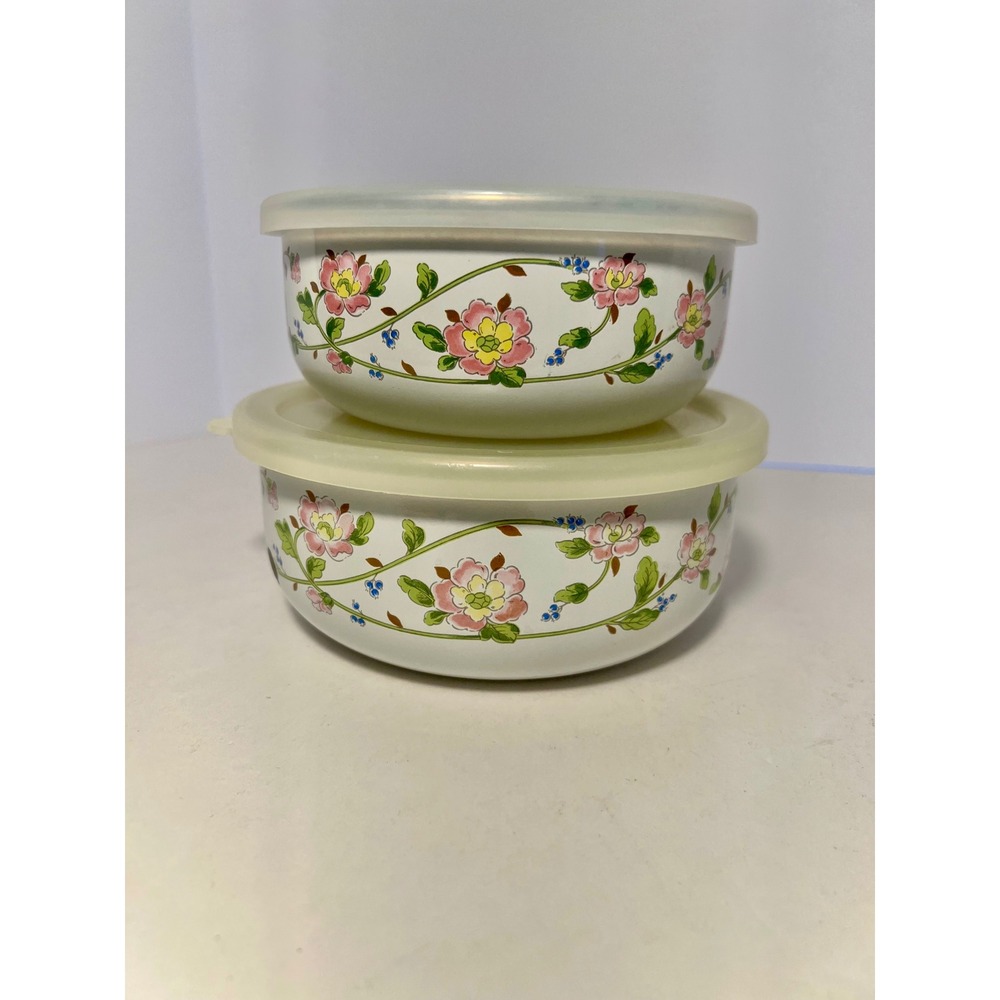 Vintage Kobe Kitchen Enamel Nesting Bowls Floral Made in Japan Set of 2 w/ Lids